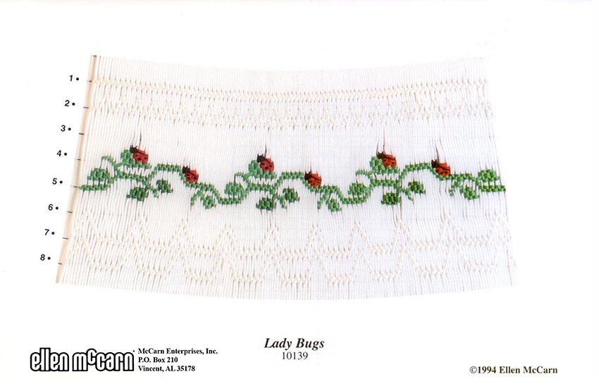 Smocking plate with a geometric design with ladybugs on a vine
