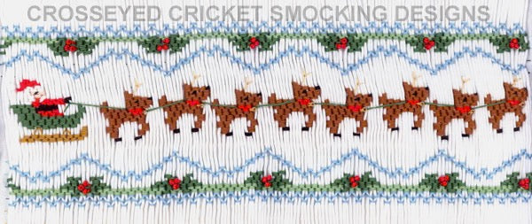 Smocking plate with Santa guiding his sleigh of reindeer. 8 1/4 rows of smocking on a yoke. Requires 156 pleats for smocked Christmas ornament. 