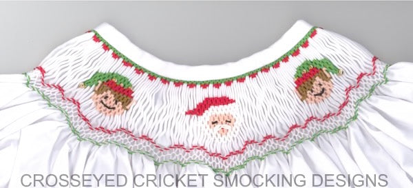 Smocking plate with Santa and 2 elves. 7 rows of smocking on a yoke.