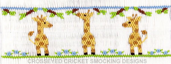 Smocking plate with baby giraffes eating. 7 rows of smocking on a yoke. Requires 160 pleats.