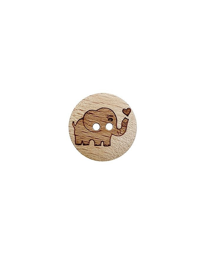 Wooden button with elephant design on a white background