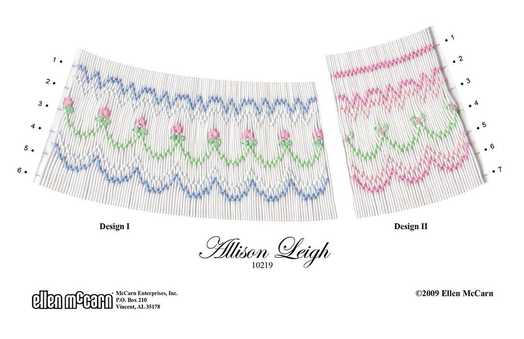 Smocking plate with scalloped geometric designs. 6-7 rows of smocking on a bishop smocked in pink, green and blue.