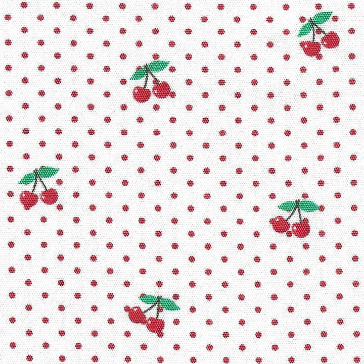 Pattern of red cherries with green leaves on a white background with red polka dots