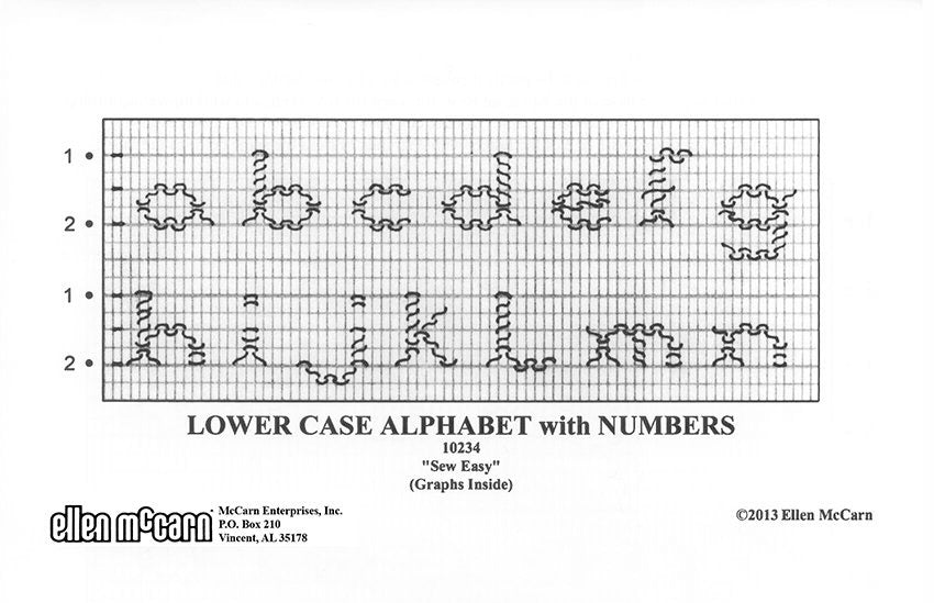 Smocking plate for the lower case alphabet with numbers, 2 rows of smocking