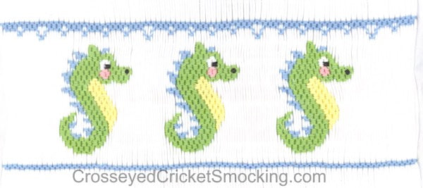 Smocking plate with seahorses underwater. 8 rows or 160 pleats on a yoke.