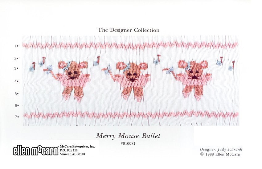 Smocking design for 'Merry Mouse Ballet' with teddy bears and music notes on a white background.