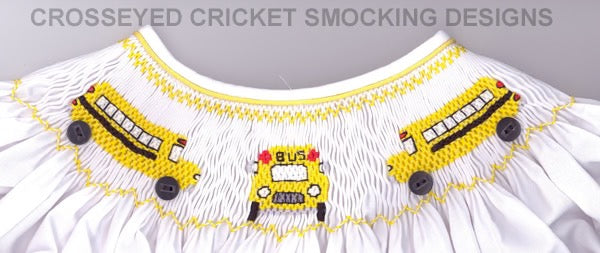 Smocking plate with school buses. 6 3/4 rows of smocking on a bishop.
