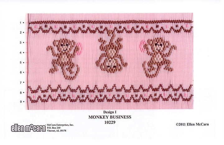 Smocking Design for monkeys on a pink background, featuring the brand Ellen McCarn.