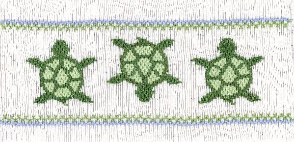 Smocking plate with three turtles. 9 rows of smocking on a yoke.