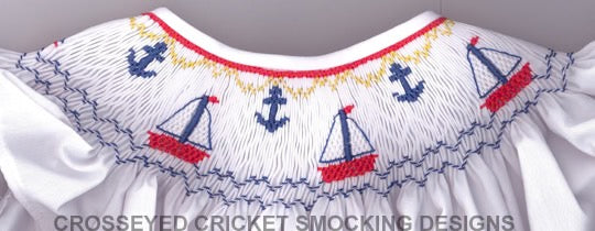 Smocking plate with sailboats with anchors. 7 1/4 rows of smocking on a bishop.