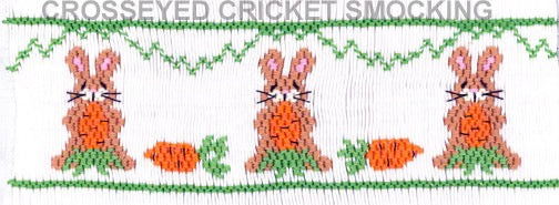 Smocking plate with bunny rabbits snacking on some carrots, designed for a yoke. 7 rows of smocking on a yoke.