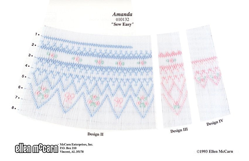 Smocking plate with four variations of a geometric designs. 3-8 rows of smocking on a bishop smocked in pink, blue and green