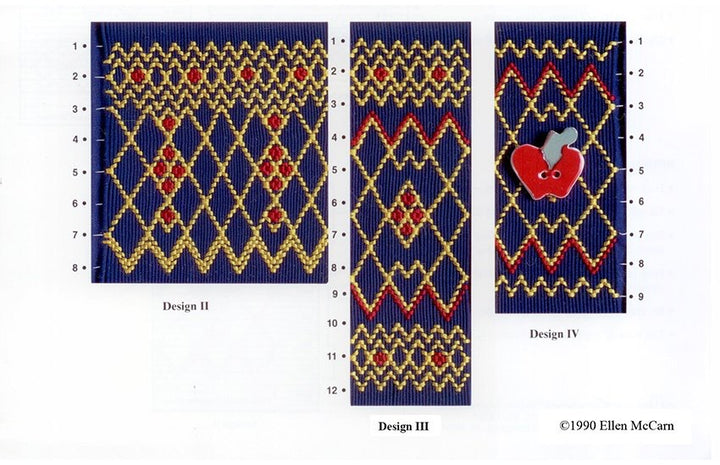 smocking designs in gold and red on navy pleated fabric and one has an apple button