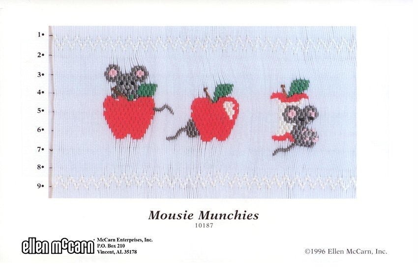 Smocking design for mice with apples on a white background, labeled 'Mousie Munchies'.
