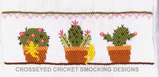 Smocking plate with fun succulent cacti featuring some lizards. 8 rows of smocking on a yoke.