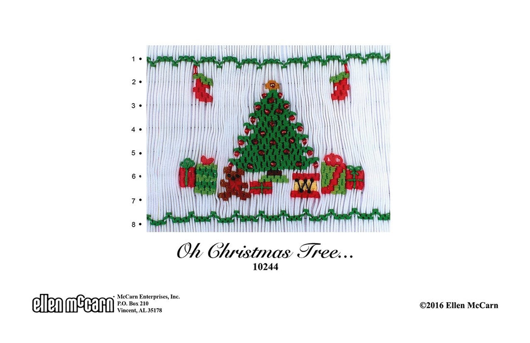 Smocking plate with a Christmas tree with presents under it and stockings hanging above. 8 rows of smocking