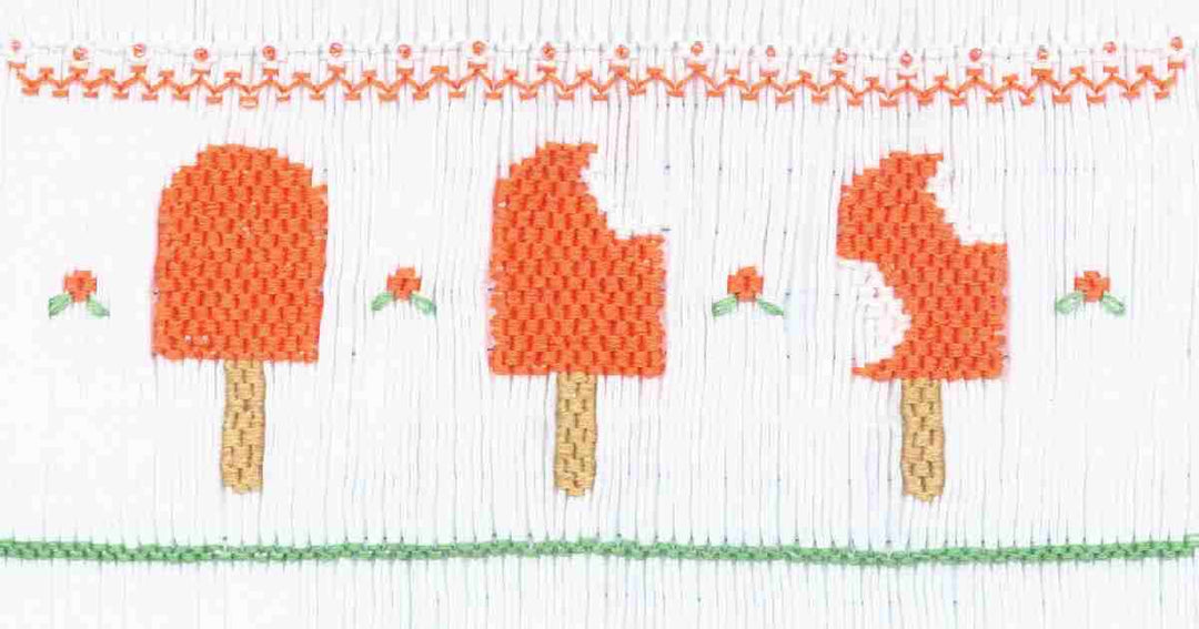 Smocking plate with three popsicles melting. 9 1/4 rows of smocking on a yoke.