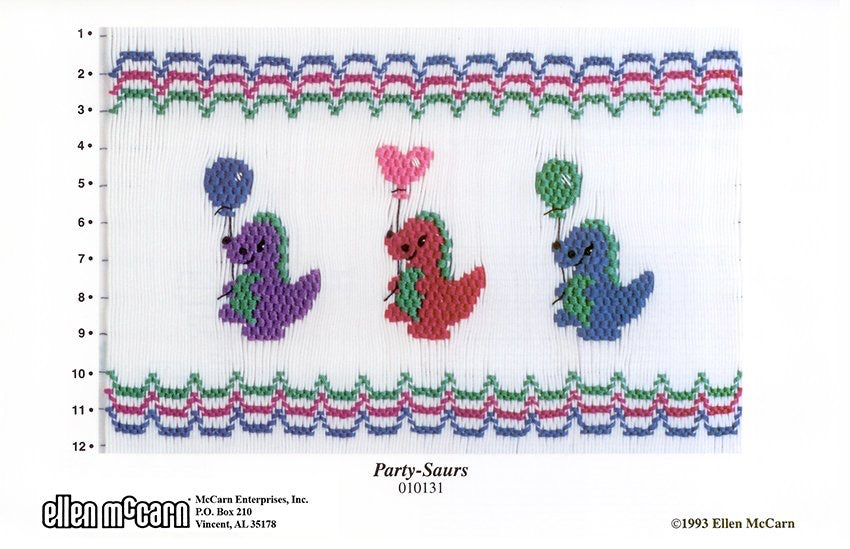 Smocking plate with three dinosaurs holding balloons. 12 rows of smocking 
