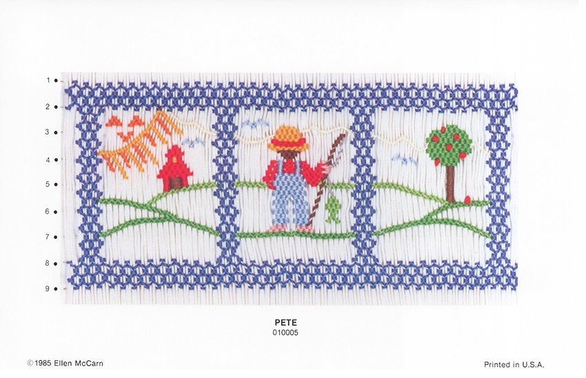 Smocking plate with a fisherman in overalls looking over the land. 9 rows of smocking