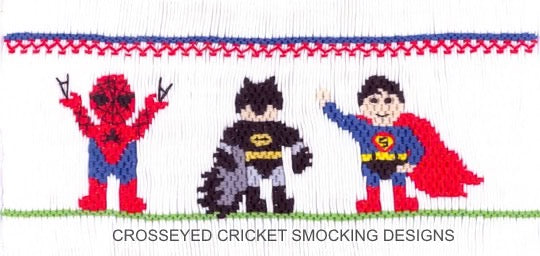Smocking plate with superheroes: Spider-Man, Batman and Superman. 7 3/4 rows of smocking on a yoke.