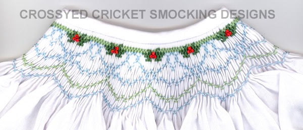 Smocking plate with simple holly berry design. 5 rows of smocking on a bishop. Designed for bishop, so no exact pleat count