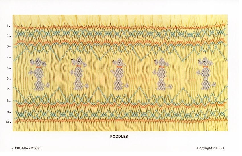 Smocking plate with five poodles, 10 rows of smocking.