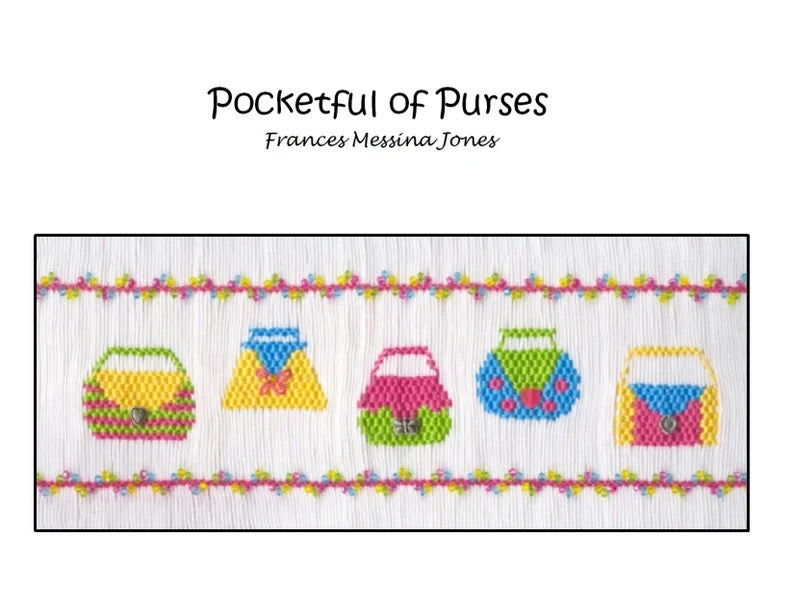 A cross-stitch pattern cover titled 'Pocketful of Purses' by Frances Messina Jones, featuring five colorful embroidered handbags on a white stitched background with floral borders.