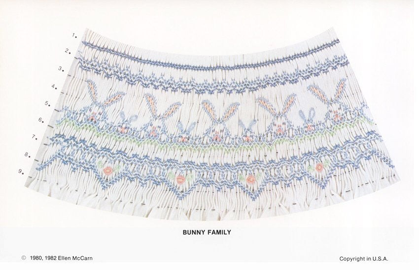 Smocking plate with a geometric design smocked in smocked in blue pink and green with bunnies and baby bunnies on pleated white fabric.
