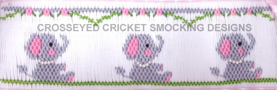 Sweet baby elephants sitting in a row. 5.5 rows of smocking on a yoke.