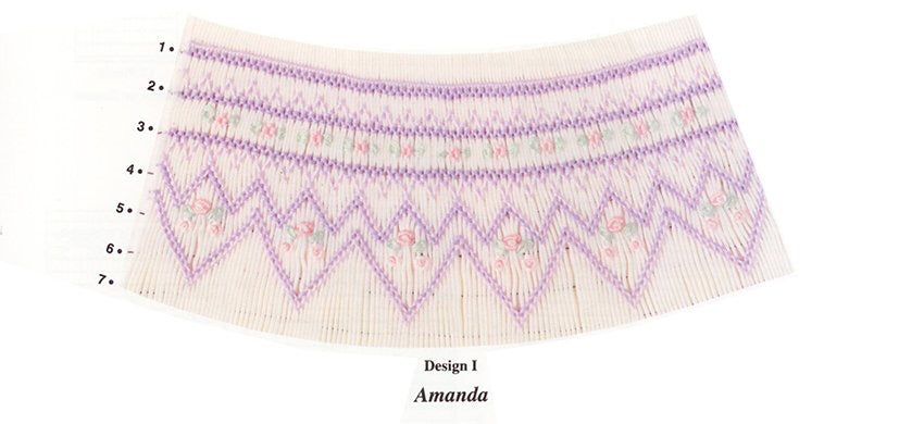 Smocking plate with four variations of a geometric designs. 3-8 rows of smocking on a bishop smocked in lavender, pink and  green
