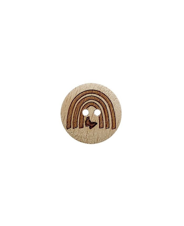 Wooden button with a rainbow and butterfly design on a white background