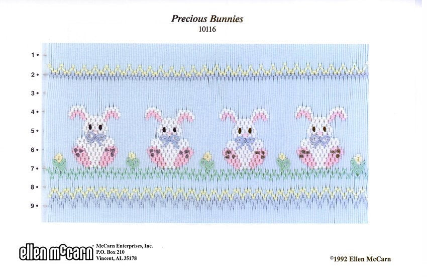 Smocking design with four bunnies on a blue background, featuring the brand 'Ellen McCarn'.