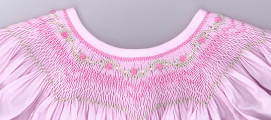Smocking plate with a geometric design. 6 rows of smocking on a bishop.