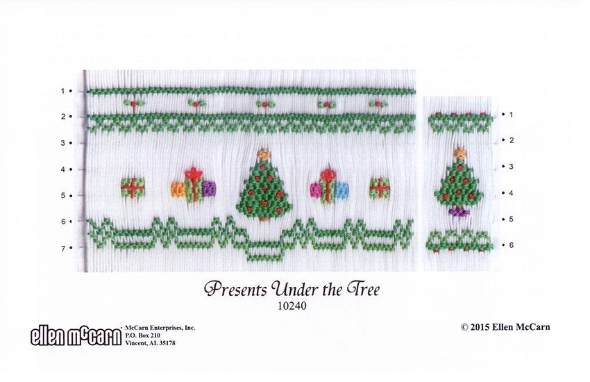 Smocking plate with a tree and presents, 6-7 rows of smocking