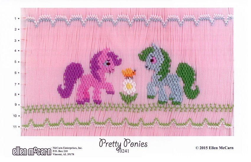Smocking plate with two ponies and a flower on a pink background, featuring the brand 'Ellen McCarn'.