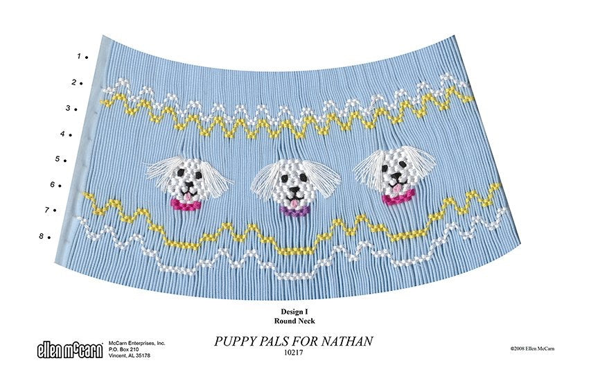 Smocking design pattern with dogs on a blue background