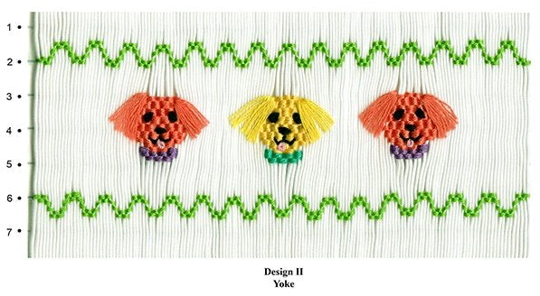 Embroidery design of three colorful dogs on fabric with green wavy lines.