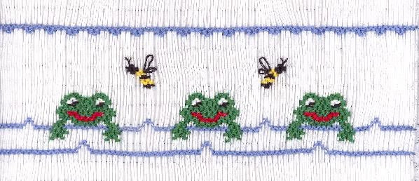 Smocking plate with three frogs and bees in a geometric design. 7 rows of smocking on a yoke.