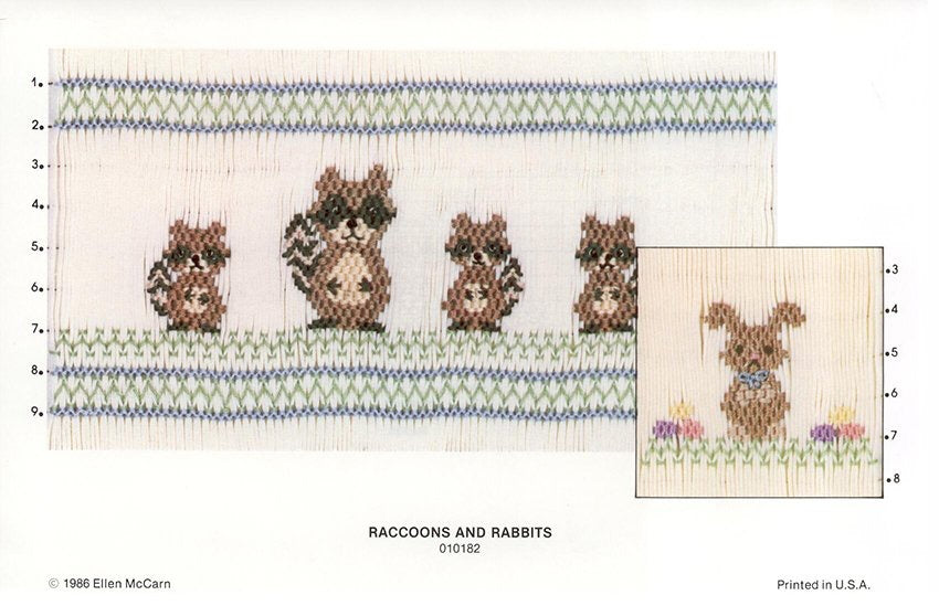 Smocking plate with four raccoons or rabbits, 8-9 rows of smocking.
