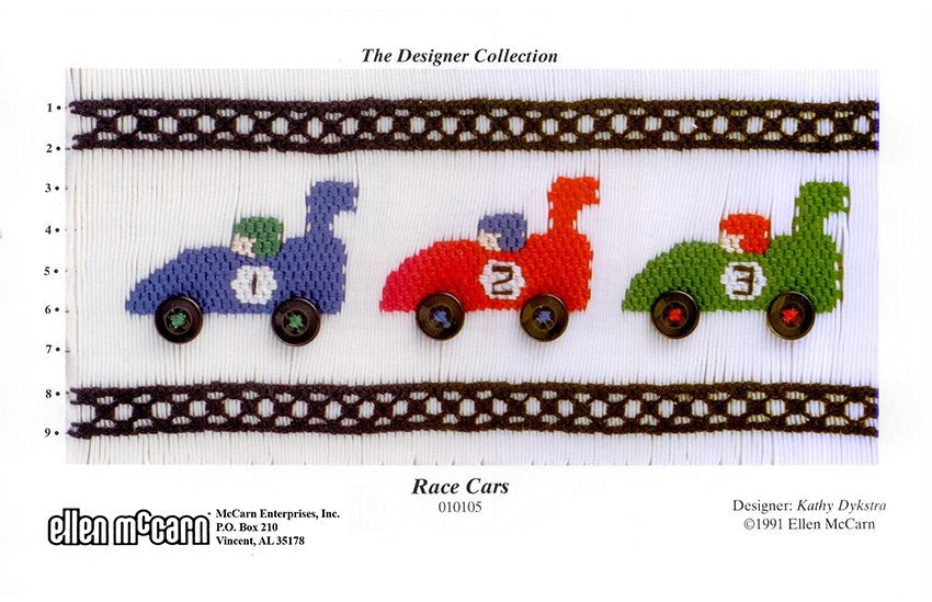 Smocking plate with three race cars, 9 rows of smocking.