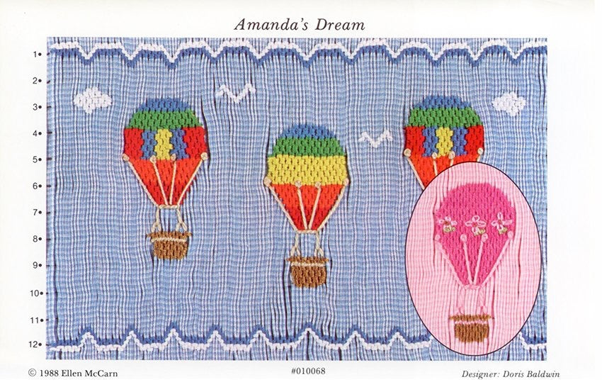 Smocking plate with three hot air balloons. 12 rows of smocking on a yoke.