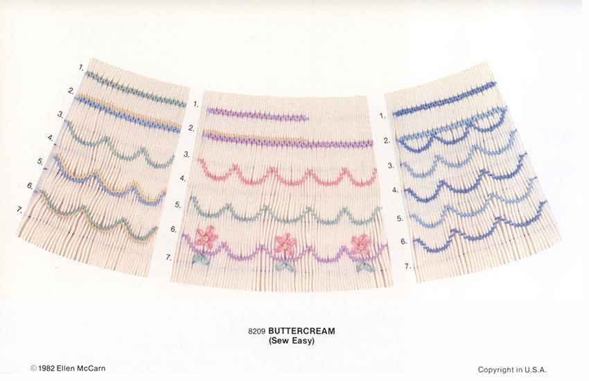 Smocking plate with a geometric scalloped design in pink purple blue green and ecru with three variations with and without flowers on beige pleated fabric