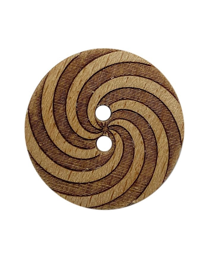 Wooden button with a spiral design on a white background