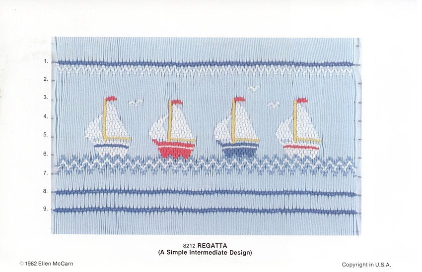 Smocking plate with four boats on the water, 9 rows of smocking.