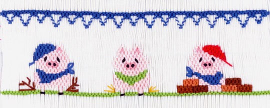 Smocking plate with the three little pigs in their houses blown down. 7 rows of smocking on a yoke.
