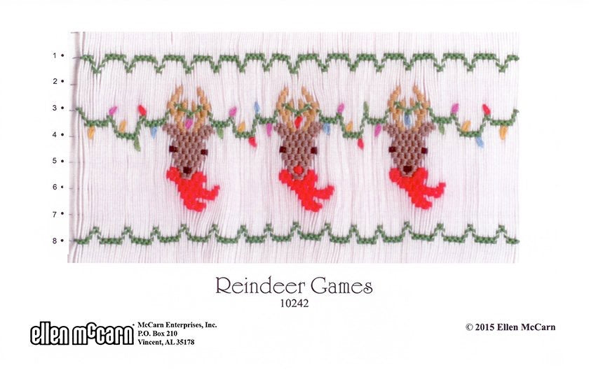 Smocking plate with three reindeers with lights on their antlers, 8 rows of smocking.