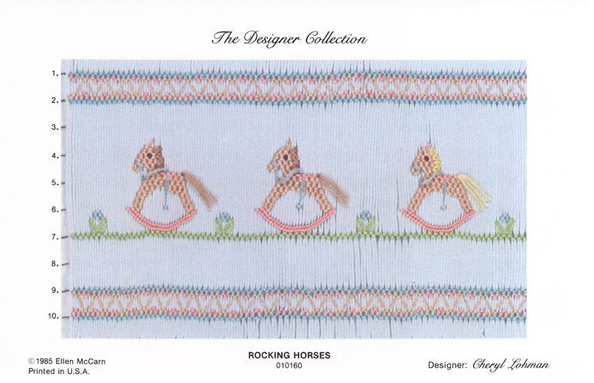 Smocking plate with three rocking horses, 10 rows of smocking.