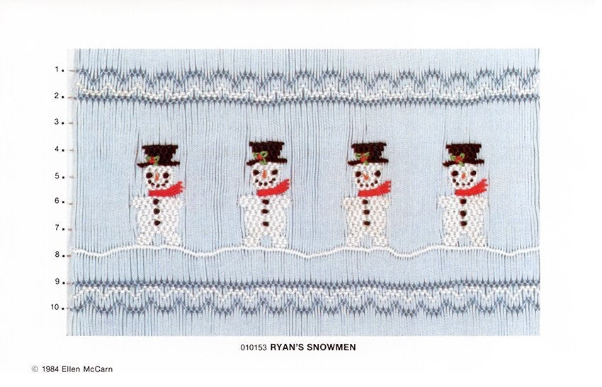 Smocking plate with snowmen in hats, 10 rows of smocking.