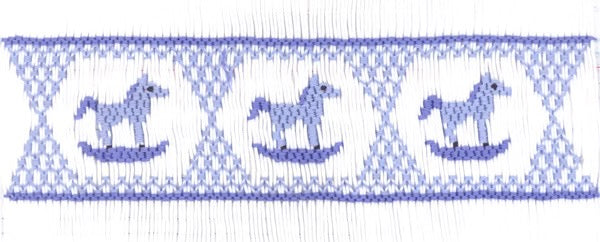 Classic rocking horses among a geometric design. 6 1/4 rows or 156 pleats on a yoke.