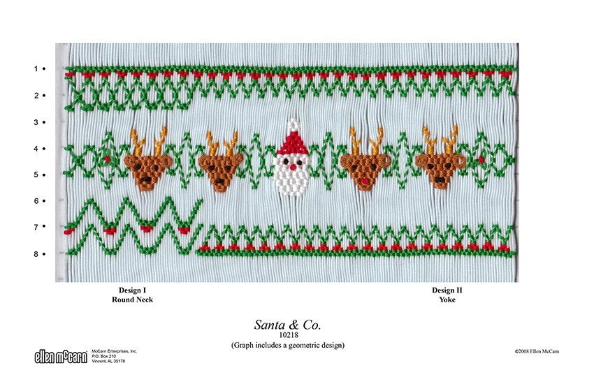 Smocking plate with four reindeer faces and a Santa face, 8 rows of smocking.